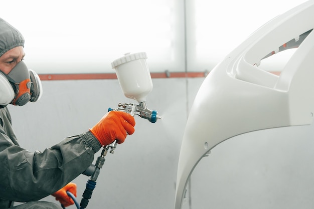 Male painter in respiratory mask and protective suit painting car with spray gun in car service