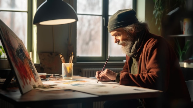 Photo the male painter sitting in the studio using watercolor on his art generative ai aig21