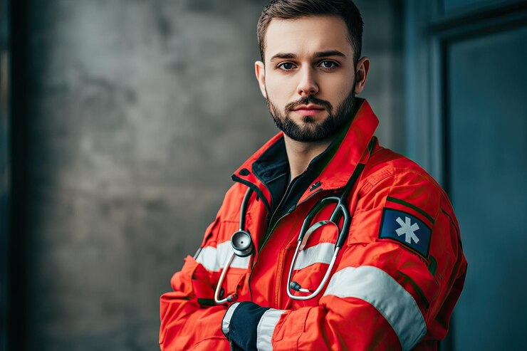 Photo male paramedic with stethoscope and copy space
