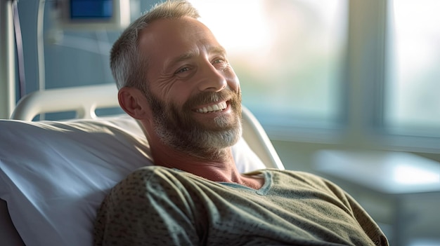 A male patient lying satisfied smiling at modern hospital patient bed