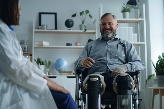 Male patient in wheelchair with leg braces finds joy with physiotherapist during rehabilitation