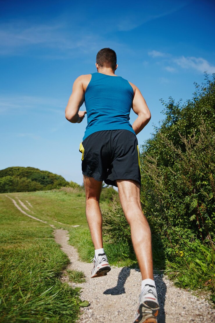 Photo male person fit and running in outdoor for exercise health and wellness in nature for workout sporty man training and cardio with endurance muscles and strength for healthy living or gym