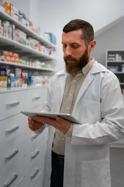 Foto farmacista maschio che lavora in farmacia