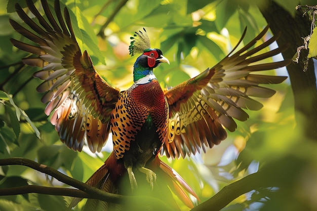 A male pheasant displaying its striking plumage in generative ai