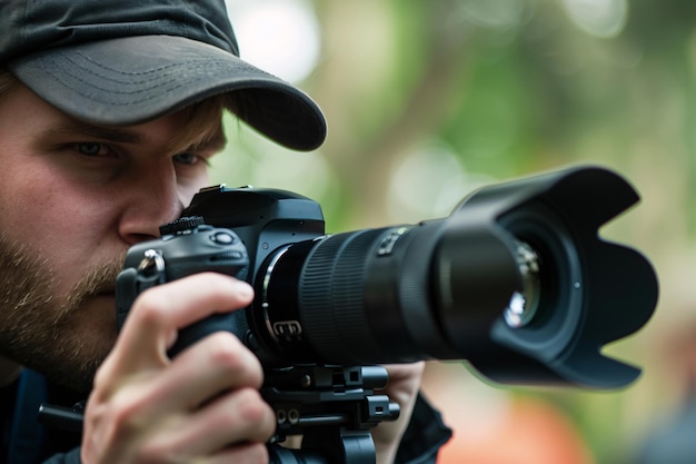 Foto fotografo maschio che scatta per strada con una telecamera dslr