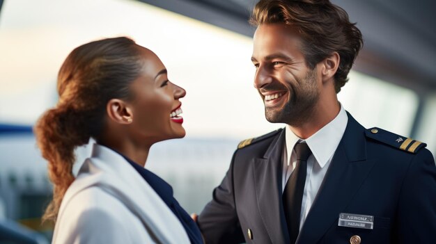 Photo male pilot and a female flight attendant are smiling and having a conversation on the tarmac with a commercial airplane in the background