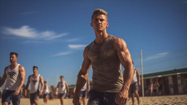 Male player action on a sunny beach