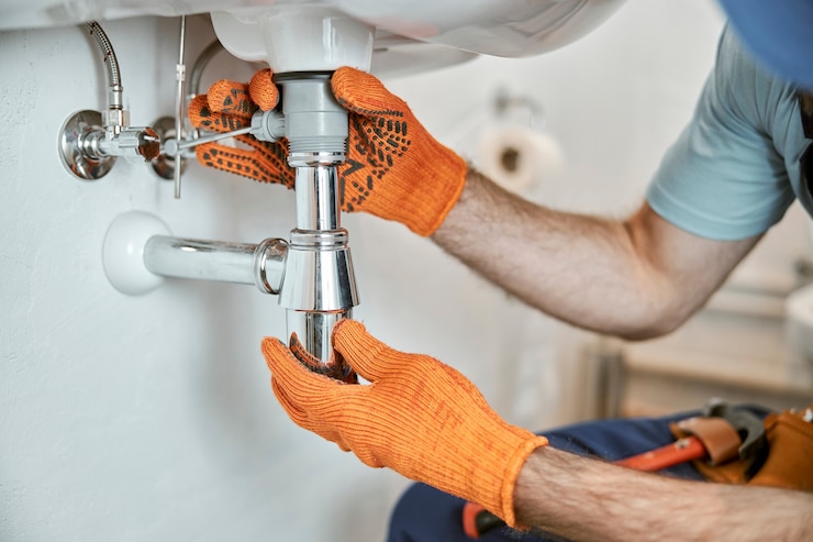 Photo male plumber hands fixing metal sink pipe