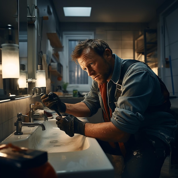 Male Plumber Using Wrench to Fix Leaking Sink in Home