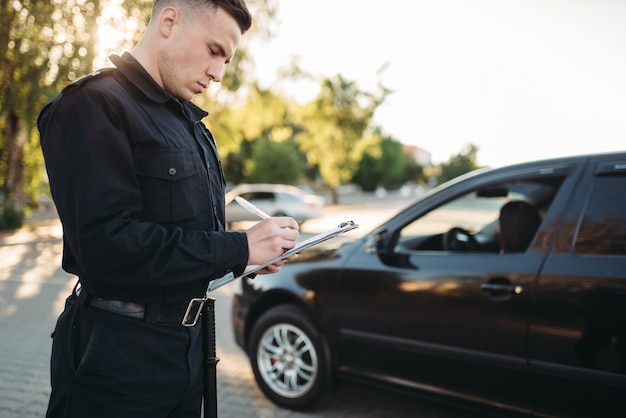 Male police officers writes a fine on the road