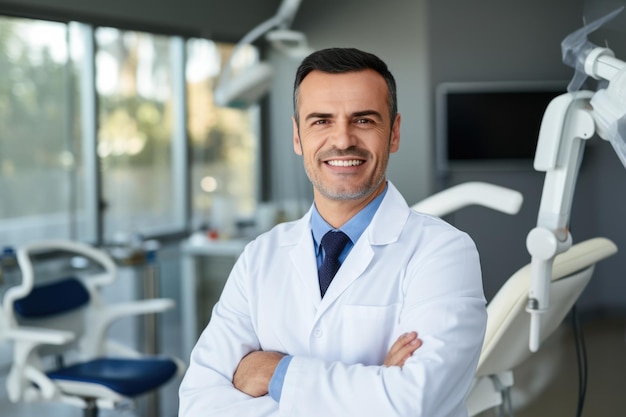 Male portrait of an argentine smiling dentist in the background of a dental office