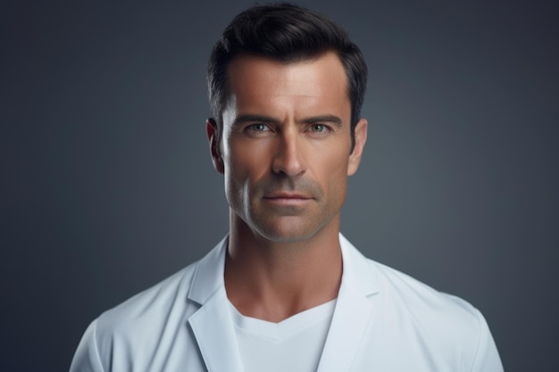 Male portrait of a serious looking doctor in white coat on gray background