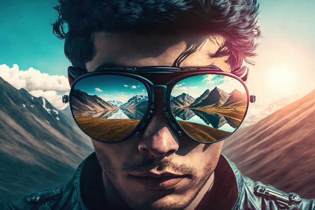 Male portrait wearing sunglasses with wondrous reflection of sky and mountain