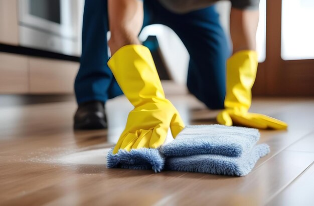 Photo a male professional cleaner in gloves cleans the house high quality photo