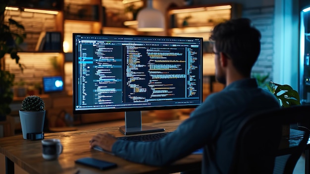 A male programmer is coding on a computer with multiple lines of code ...