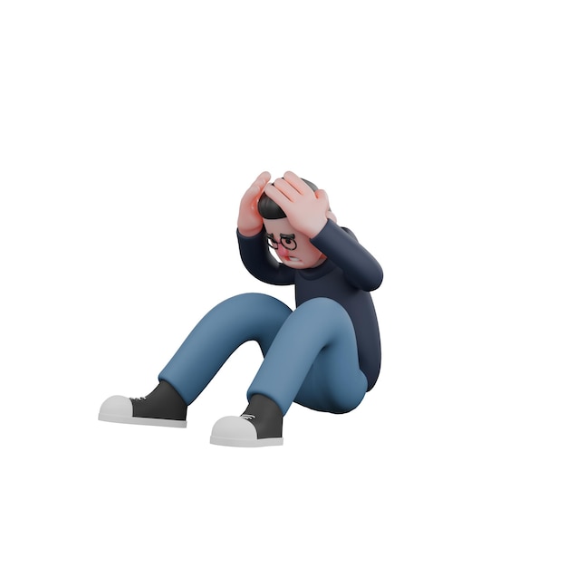 male programmer is sitting without a mat with both legs bent forward and both hands holding his head