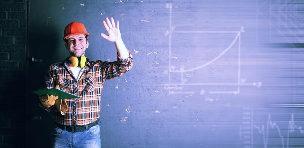 Male in a protective helmet with background graphics