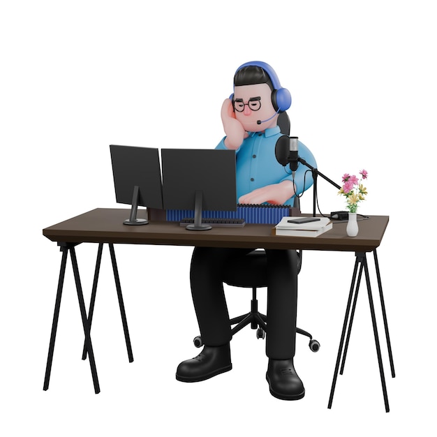 男性のラジオアナウンサーがキーボードでタイピングをしている間彼の前でコンピューターを持って座っています