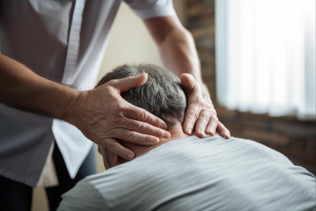Photo male receiving chiropractic back adjustment alternative pain relief and health care concept in