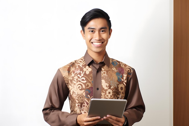 Photo male receptionist wearing batik holding tablet