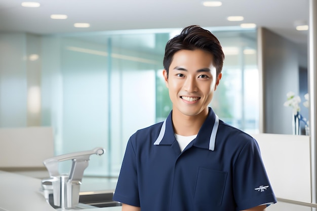 male receptionist wearing navy and white outfit and smile