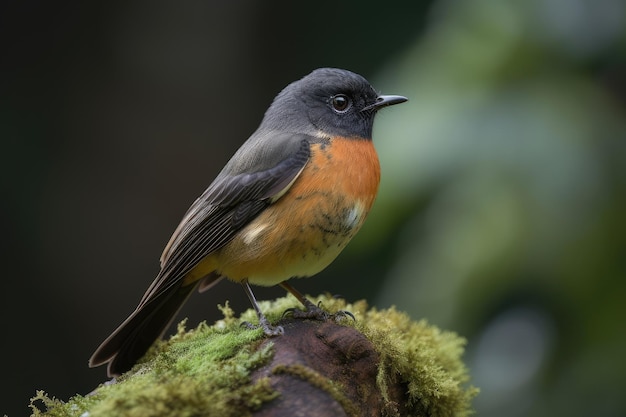 Male redstart perched atop tree trunk with view of the forest canopy created with generative ai