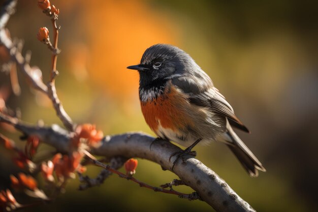 Male redstart perched on sundappled branch its vibrant feathers shining created with generative ai