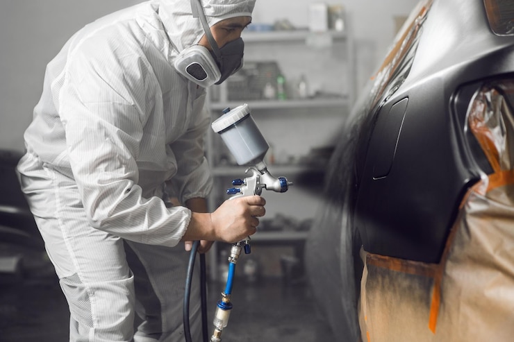 Photo male repairman painter chamber painting automobile car body worker paints the vehicle to black color