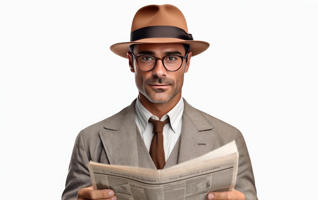 Photo male reporter with hat holding newspaper isolated on a white background