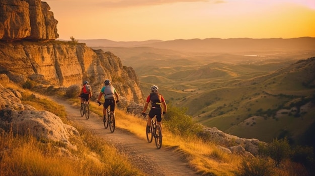 Male riders ride mountain bikes down steep cliffs using Generative AI