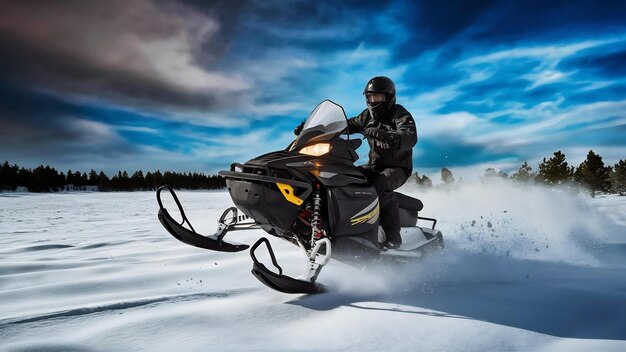 Male riding a snowmobile in a large snowy field