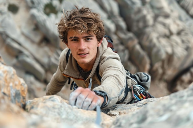 Male Rock Climber Ascending a Sheer Cliff