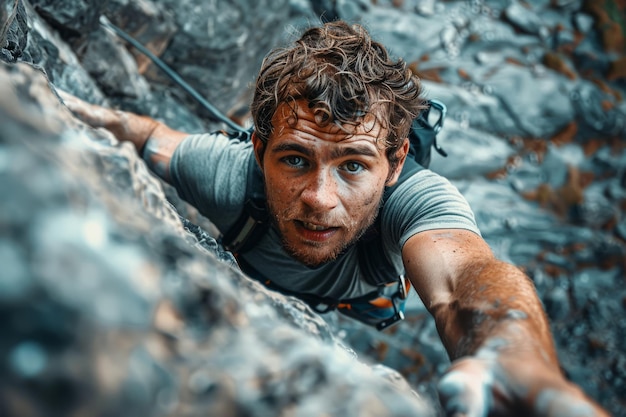 Male Rock Climber Ascending a Sheer Cliff