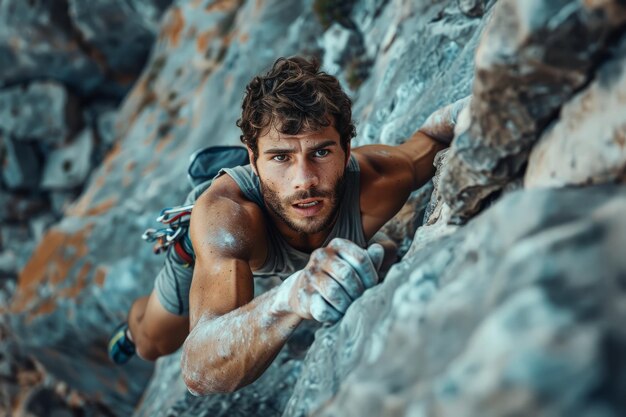 Male Rock Climber Ascending a Sheer Cliff