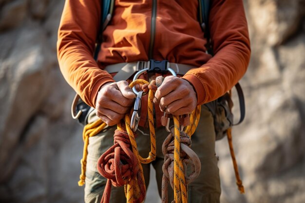 Foto scalatore maschio con attrezzatura da arrampicata che tiene la corda pronta per iniziare a scalare il percorso