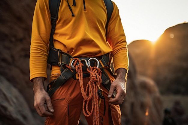 Foto alpinista maschio con attrezzatura da arrampicata che tiene la corda pronta per iniziare a arrampicarsi sul percorso