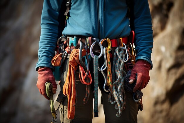 写真 登山器具を持った男性のロッククライマーは,ルートを登る準備ができているロープを握っています