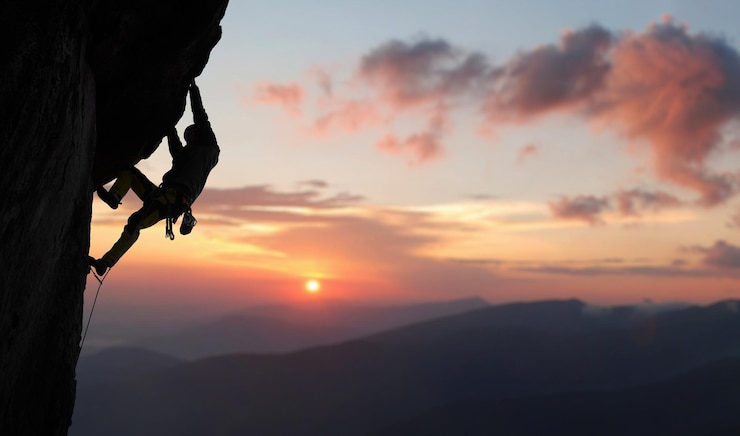 Photo male rock climbing pulling up doing next step reaching top side view panoramic mountain view and sunset copy space
