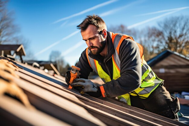Foto un tettucatore sta rafforzando le strutture in legno del tetto di una casa un uomo caucasico di mezza età sta lavorando alla costruzione di una casa a telaio in legno