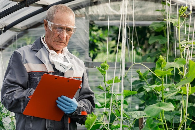 Male scientist examines and writes to the clipboard while studying plants in a greenhouse