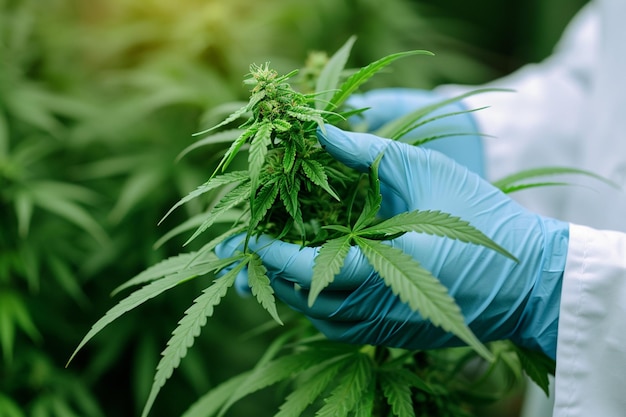 male scientist hand holding cannabis leaves bokeh style background