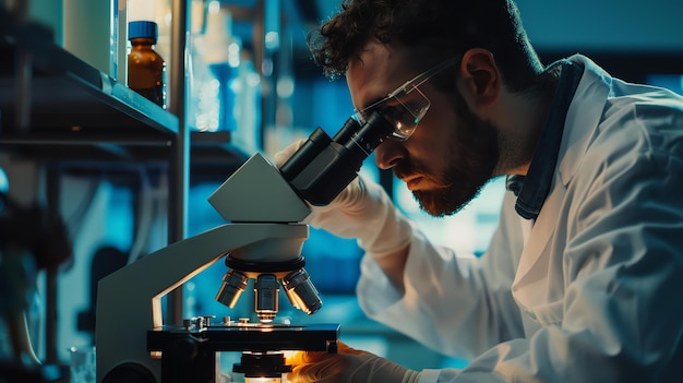 실험실에서 현미경을 통해 보는 남성 과학자. 그는 실험실 코트와 안전 안경을 입고 있습니다. 현미경은 슬라이드에 초점을 맞추고 있습니다.