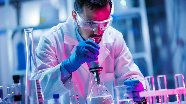 Male scientist wearing protective eyewear and gloves works in a lab