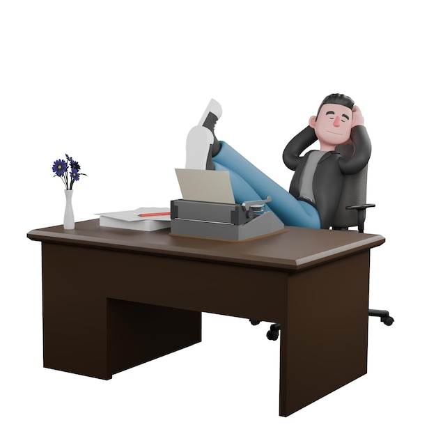A Male Screenwriter is sitting on a chair with his feet on a table hands behind his head