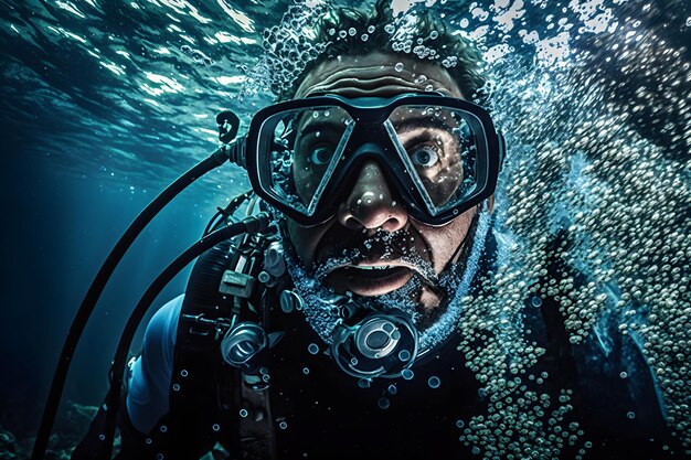 Мужской аквалангист под водой Нейронная сеть сгенерирована искусственным интеллектом