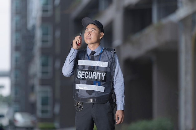 Guardia di sicurezza maschile che utilizza la radio portatile