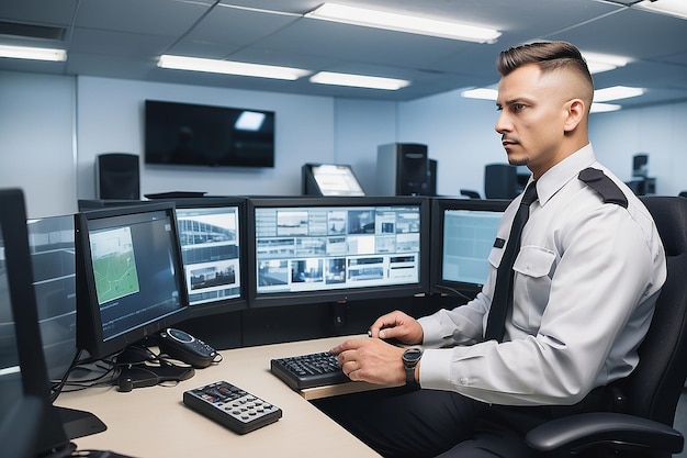 Photo male security guard using radio transmitter in surveillance room