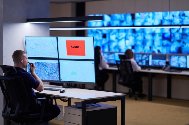 Foto operatore di sicurezza maschio che lavora in un ufficio della sala di controllo del sistema di dati operatore tecnico che lavora alla postazione di lavoro con più display, guardia di sicurezza che lavora su più monitor