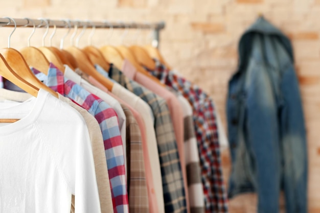 Male shirts on hangers closeup