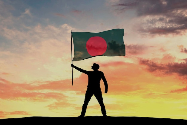 Male silhouette figure waving Bangladesh flag 3D Rendering